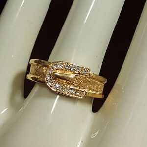 Vintage Retired Avon Gold Buckle Band Ring with Swarovski Crystals